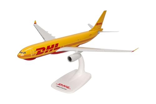 herpa 614139 Snap-Fit Modellflugzeug Airbus A330-200F DHL Aviation (European Air Transport) Miniatur im Maßstab 1:200, Sammlerstück, Modell mit Standfuß, Kunststoff, gelb, rot von herpa