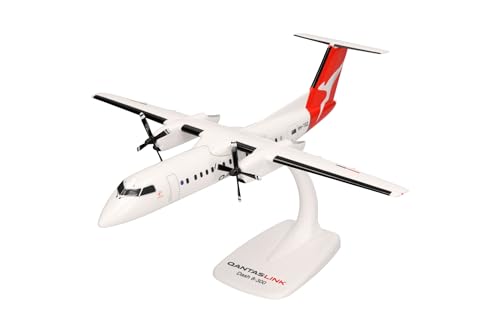herpa 614221 Snap-Fit Modellflugzeug QantasLink DHC-8-300 – VHTQZ “Bundaberg, Miniatur im Maßstab 1:100, Sammlerstück, Modell mit Standfuß, Kunststoff Miniaturmodell, weiß, rot von herpa