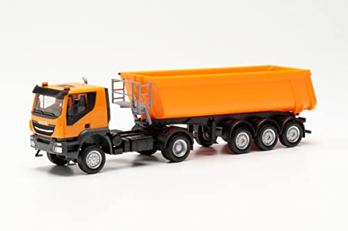 Herpa LKW Modell Iveco Trakker mit Schmitz Cargobull Kipp-Sattelzug mit Stahlmulde, originalgetreu im Maßstab 1:87, Modell LKW, Modellbau Sammlerstück von herpa