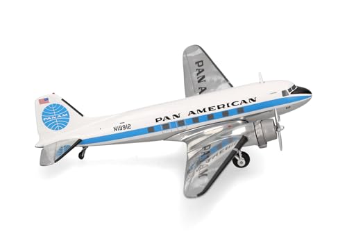 herpa Modellflugzeug Pan American World Airways Douglas DC-3, Miniatur im Maßstab 1:200, Sammlerstück, Modell mit Standfuß, Metall, Weiß, Blau von herpa