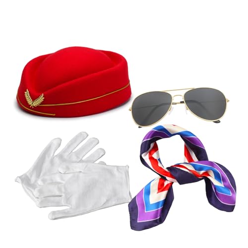 hhdatc 4-teiliges Damen-Kostüm-Zubehör-Set, Stewardess-Hut, Schal, Sonnenbrille und Handschuhe für Fluggesellschaften, Cosplay und Halloween, Verkleidungen, Rot/Ausflug, einfarbig (Getaway Solids von hhdatc