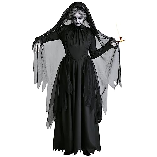 hhsbeauty Frauen lustige Braut Kostüm Halloween Braut Cosplay schwarze Kostüme Kleid gruselige Halloween-Kostüm für Frauen Mittelalterliche Illuminierte Handschriften (Black, XXL) von hhsbeauty