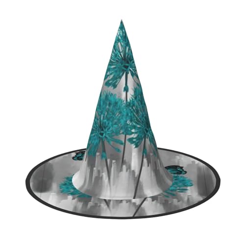 1 x Halloween-Hut – Hexe grau blaugrün Blume Schmetterling Druck Kostüm Party Damen Herren Spitze Horn Kappe Licht für festliche Ostern von hhxvcv