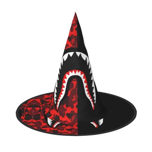 1PC Halloween Hut - Hexe rot-schwarz Hai Druck Kostüm Party Damen Herren Spitze Horn Kappe Licht für Festlich Ostern von hhxvcv