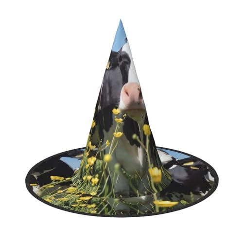 2 Stück Halloween-Hut – Hexe schwarz weiß Kühe Druck Kostüm Party Damen Herren Spitze Horn Kappe Licht für festliche Ostern von hhxvcv