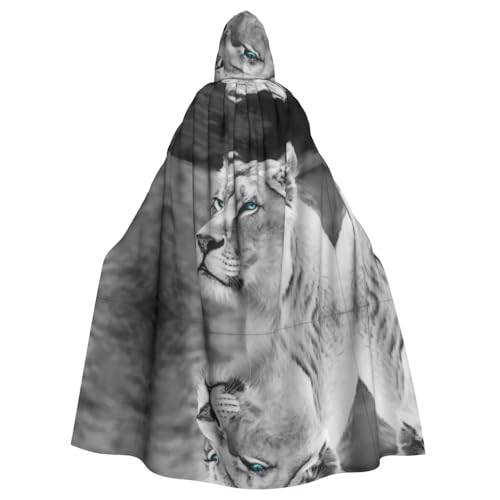 Halloween-Umhang mit Kapuze für Erwachsene, Löwin mit blau-grünen Augen, vollständiger Druck, Kostüm, Umhang für Cosplay, Party und Themenveranstaltungen von hhxvcv