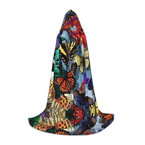 M Halloween Kapuzenumhang – Unisex Erwachsene handgezeichneter farbiger Schmetterlingsdruck Kostüm Umhang – perfekt für Cosplay, Party, Karneval von hhxvcv