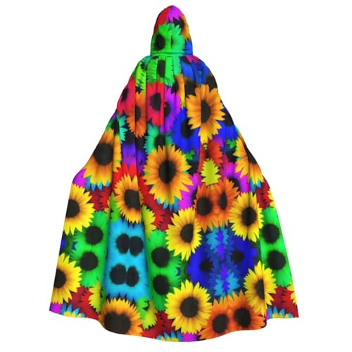 Regenbogen-Sonnenblumen-Druck, Halloween-Kapuzenumhang, Kostüm, Umhang für Party, Karneval, Comic-Ausstellung, Maskerade – Unisex Erwachsene von hhxvcv