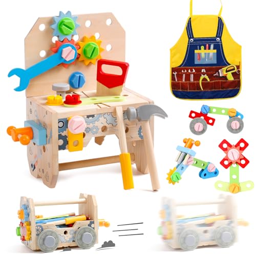 Werkbank Kinder Werkzeugkoffer Spielzeug ab 2 Jahre, Kinderwerkzeug Holzwerkzeug Montessori Spielzeug ab 2 3 4 Jahre Junge Mädchen, 3 in 1 Werkzeug Kinder Lernspiele Geschenk Junge 2+ Jahre(52 Stück) von hifunti