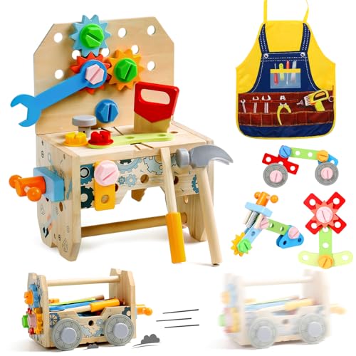 Werkzeugkoffer Kinder Werkbank Spielzeug ab 2 Jahre, Kinderwerkzeug Holzwerkzeug Montessori Spielzeug ab 2 3 4 Jahre Junge Mädchen, 3 in 1 Werkzeug Kinder Lernspiele Geschenk Junge 2+ Jahre(52 Stück) von hifunti