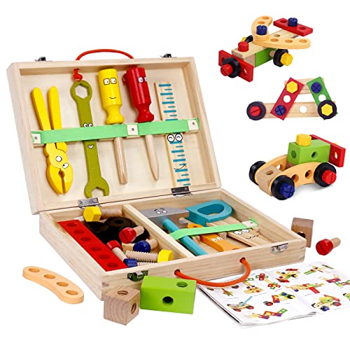 hifunti Werkzeugkoffer Kinder Spielzeug ab 3 Jahre Mädchen Junge Holzspielzeug Werkzeug Werkbank Koffer Kinderspielzeug Kinderspiele Kinderwerkzeug Geschenk Spiele ab 3 4 5 6 Jahren von hifunti