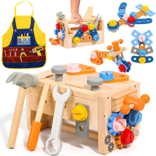 hifunti Werkzeugkoffer Kinder Werkbank mit Schürze Kinderwerkzeug Montessori Spielzeug, Geschenk Junge Mädchen 2 3 4 Jahre Werkzeug Werkzeuggürtel Kinderspielzeug Lernspiele ab 3 4 Jahre(39 Stück) von hifunti