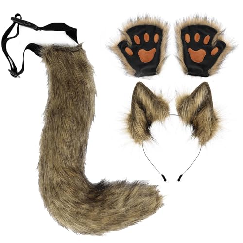 Wolf Kostüm Erwachsene - Realistischer Wolfsschwanz Klipp Ohren Und Handschuhe Set Für Mädchen | Einfach zu tragendes Halloween Cosplay Outfit Zubehör für Anime Cosplay und Bühnenaufführung Wolf Kostüm Erwachsene - Realistischer Wolfsschwanz Klipp Ohren Und Handschuhe Set Für Mädchen | Einfach zu tragendes Halloween Cosplay Outfit Zubehör für Anime Cosplay und Bühnenaufführung von higyee