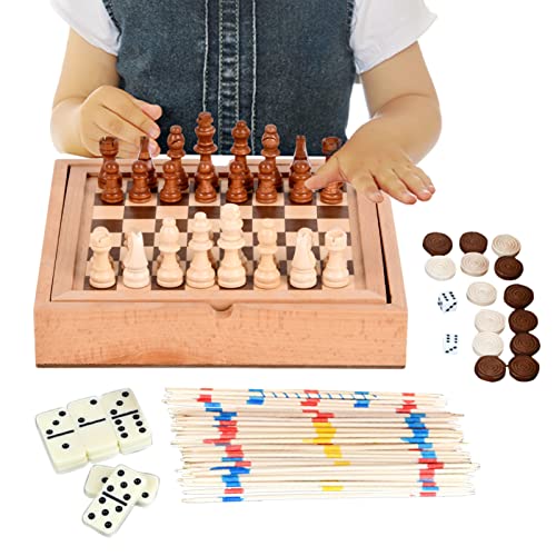 higyee Schach- und Dame-Brettspiel | 5 in 1 Brettspiele Hockey auf Holztisch Schach, Dame, Brettspiel Geschenk für Erwachsene von higyee