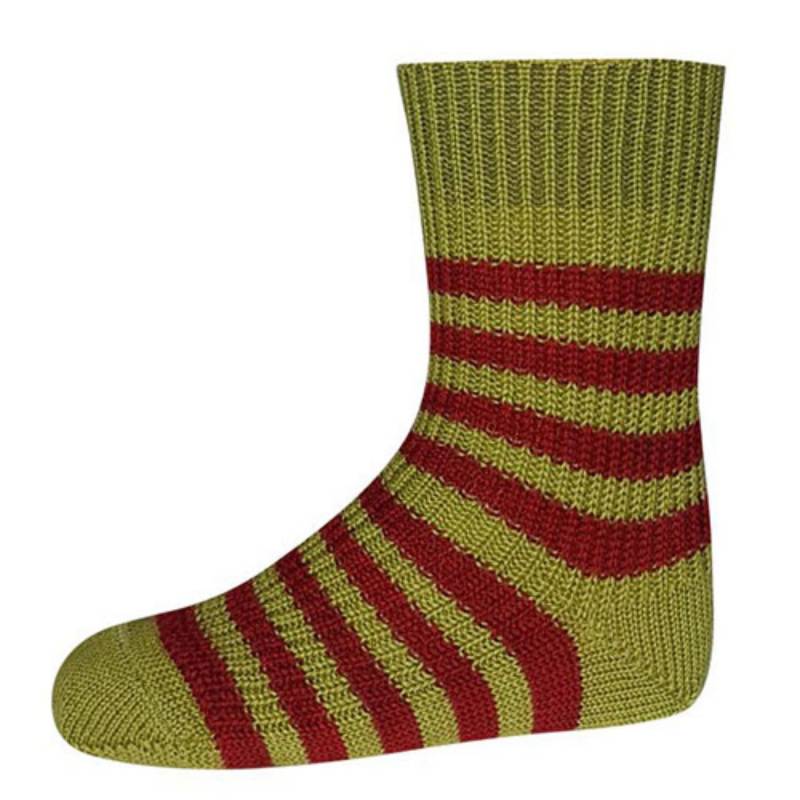 Hirsch grob gestrickte Ringel-Kindersocken - 15-17 Maigrün/Mohn von hirsch natur