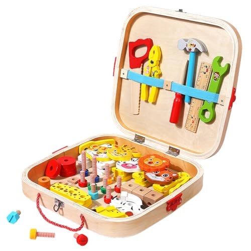 Kinder-Werkzeug-Set mit Werkzeug kiste Pretend Play-STEM-Baukits für Kleinkinder 3-5 Montessori-Spielzeug für 3 4 5 Jahre alte Holz-Spielgeräte-Set Kleinkind-Jungen-Spielzeug von hiwhale