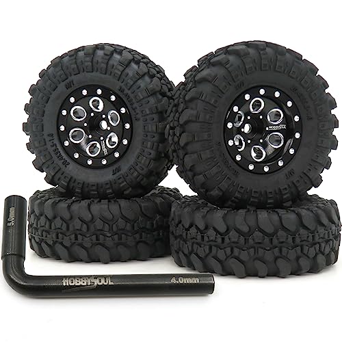 hobbysoul 1/24 Reifen und schwere verstellbare Beadlock Räder mit 1,0 Offset Schwarze, Räder und Reifen mit negativem Offset 1,0 Für 1/24 RC Crawler Axial SCX24 und 1/18 TRX4M, (4er-Pack, montiert) von hobbysoul