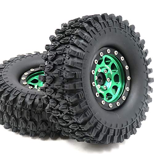 hobbysoul 2 Stück RC 1.9 Super Swamper Crawler Reifen höhe 108mm/4,25 Zoll & Aluminium 1.9 Beadlock Rad Felge Grün/Schwarz Farbe von hobbysoul