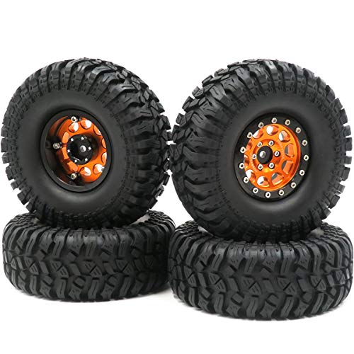 hobbysoul 4pcs RC 1.9'' Crawler Mud Tires Off Road Tyre Height 114mm & 1.9 Alloy Beadlock Wheel Rims Hex 12mm Black/Orange Color von hobbysoul