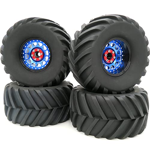 hobbysoul Reifen mit Einer Höhe von 5,12Zoll / 130mm und einstellbaren 4 Offsets, 2,2 Beadlock Räder schwarz Blaue Felgen Für RC Mud Crawler Trail Tractor Axial Capra Wraith, (4er-Pack, montiert) von hobbysoul