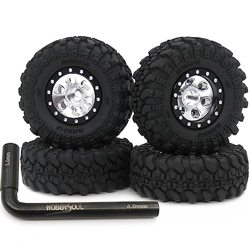 hobbysoul Schwere verstellbare Offset 1/24 Crawler Räder und 1,0 Reifen schwarz-Silberne, Negative Offset 1,0 Felgen und Reifen Für 1:24 RC Crawler Axial SCX24 und 1/18 TRX4M, (4er-Pack, montiert) von hobbysoul