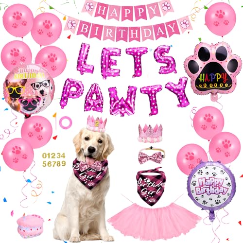 homdat Hunde-Geburtstagsparty-Zubehör, Hunde Geburtstag Mädchen, Hund Geburtstag Set with Dreieck Bandana Krone Hut Schal Kragen Bow Happy Birthday Banner, Geburtstagsparty-Dekorationen (Rosa) von homdat