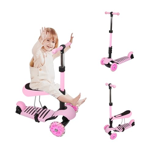 Homewell 2-in-1 Dreirad-Roller mit Sitz für 3-8 Jahre, Scooter, Tretroller für Kinder mit 3 leuchtenden Rädern, Kinder-Roller, faltbar, mit verstellbarer Höhe, max. Belastung 50 kg (Rosa) von homewell