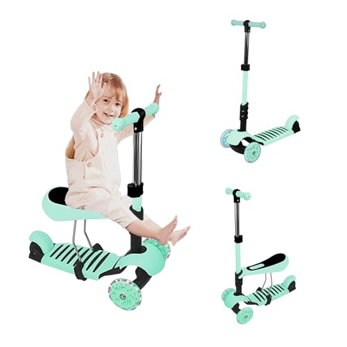 Homewell 2-in-1 Dreirad-Roller mit Sitz für 3-8 Jahre, Scooter, Tretroller für Kinder mit 3 leuchtenden Rädern, Kinder-Roller, faltbar, mit verstellbarer Höhe, max. Belastung 50 kg (grün) von homewell