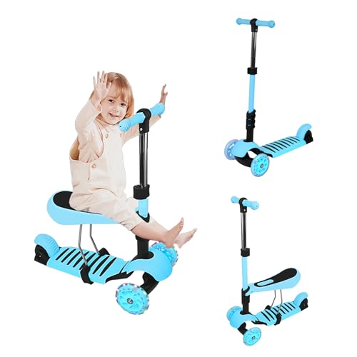 Homewell 2-in-1-Tretroller, Dreirad, mit Sitz für 3-8 Jahre, Scooter, Tretroller für Kinder mit 3 leuchtenden Rädern, Kinderroller, faltbar, mit verstellbarer Höhe, max. Belastung 50 kg (blau) von homewell
