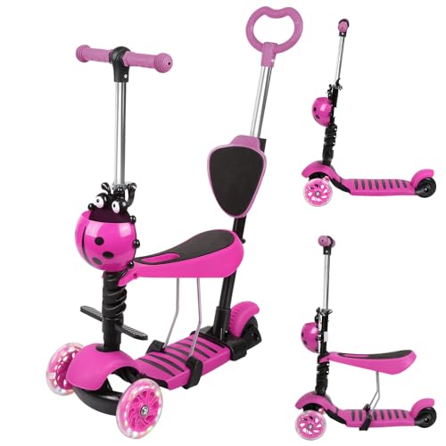 Homewell 3-in-1-Tretroller mit Sitz für Kinder von 3 – 8 Jahren, Tretroller mit 3 leuchtenden Rädern, Kinder-Roller, faltbar, mit verstellbarer Höhe (Rosa) von homewell