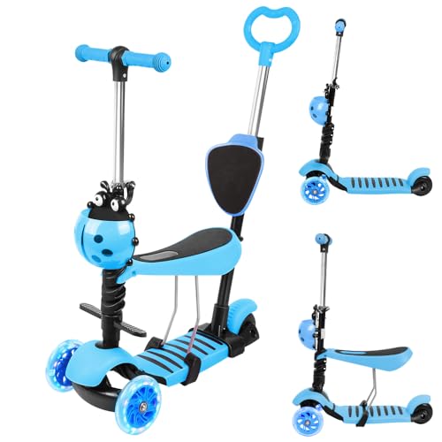 Homewell 3-in-1-Tretroller mit Sitz für Kinder von 3 – 8 Jahren, Tretroller mit 3 leuchtenden Rädern, Kinder-Roller, faltbar, mit verstellbarer Höhe (blau) von homewell
