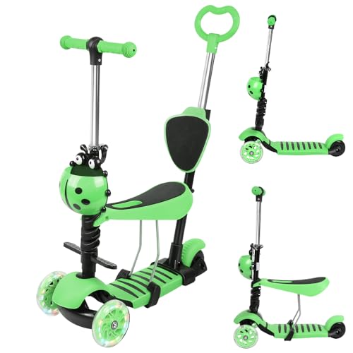 Homewell 3-in-1-Tretroller mit Sitz für Kinder von 3 – 8 Jahren, Tretroller mit 3 leuchtenden Rädern, Kinder-Roller, faltbar, mit verstellbarer Höhe (grün) von homewell