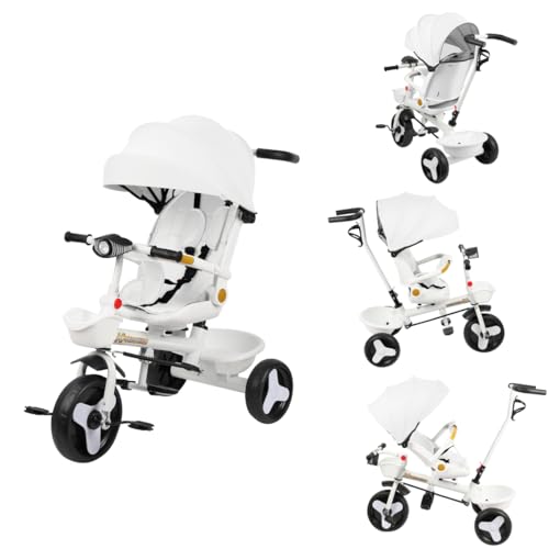 Homewell Kinderwagen mit schubstange, Dreirad ab 9 Monate, Kinderdreirad mit Musik & Licht, Verstellbarer Sitz-Liege-Modus, ausklappbarem Verdeck mit Sonnenschutz und 2 Ablagekörben (Weiß) von homewell