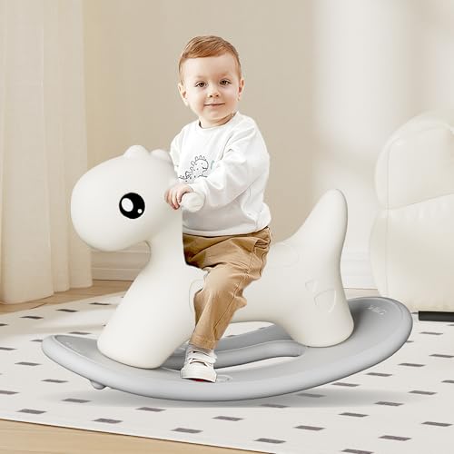 hoopyosms Kids Rocking Horse, Toddler Ride-On Toy with Handle, Montessori Infant Rocker for Balance Training, Baby Rocking Animal, Grey von hoopyosms