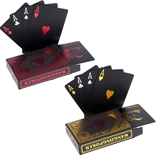 2 x Playing Cards Schwarze Wasserdichtes Pokerkarten Plastik Spielkarten aus PVC Profi Premium Spielkarten für Texas Holdem Poker - 1 Red & 1 Gold von Hopewey