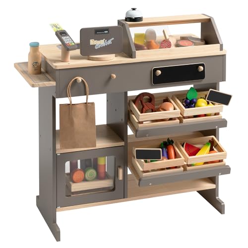 howa Kaufladen Holz - Kaufmannsladen mit 40-teiligem Kaufladen Zubehör, Spielkasse mit Spielzeugkartenleser, Tafel für Kreide, Vitrine, Natur - Taupe 14755 von howa