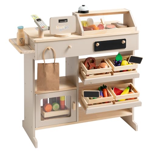 howa Kaufladen Holz - Kaufmannsladen mit 40-teiligem Kaufladen Zubehör, Spielkasse mit Spielzeugkartenleser, Tafel für Kreide, Vitrine, Natur - beige 47559 von howa