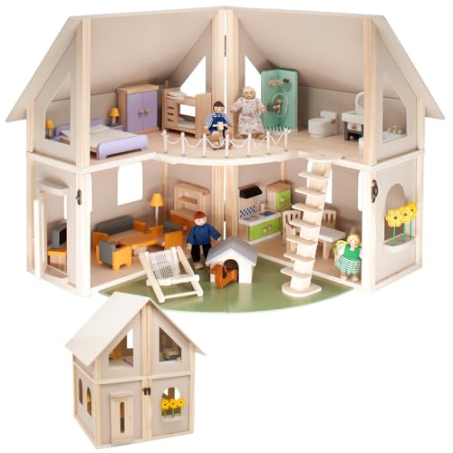 howa Puppenhaus Holz zusammen klappbar, inklusive 30 Möbelteile, 4 Puppen und Hund, mit 4 Zimmern, Balkon, Garten, mit Treppe, Puppenhaus Natur - beige 7016 howa Puppenhaus Holz zusammen klappbar, inklusive 30 Möbelteile, 4 Puppen und Hund, mit 4 Zimmern, Balkon, Garten, mit Treppe, Puppenhaus Natur - beige 7016 von howa