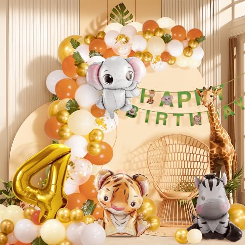 4. Geburtstag Junge Mädchen 4 Jahr Dschungel Geburtstag Dekoration Waldtiere, Safari Luftballons 4 Kindergeburtstag Deko,Tiere Geburtstagsdeko von hpnparty