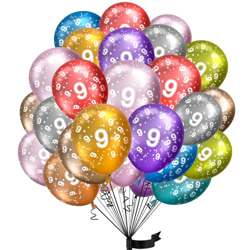 Luftballons 9. Geburtstag,15 Stück Metallic folienballon 9 helium ballons 9 jahre aus 100% Naturlatex,Klimaneutral, 32cm Ballon 9 zahlen für Kindergeburtstag und mädchen junge Geburtstag von hpnparty