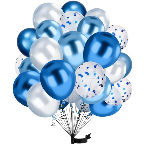 30Stück Blaue Luftballon Set, 12 Zoll Metallic Chrom Blau Silber Konfetti Ballons Blaue und Weiße Helium Latex mit Bändern,für Kinder Geburtstag, Hochzeit, Babyparty, Dekoration von hpnparty
