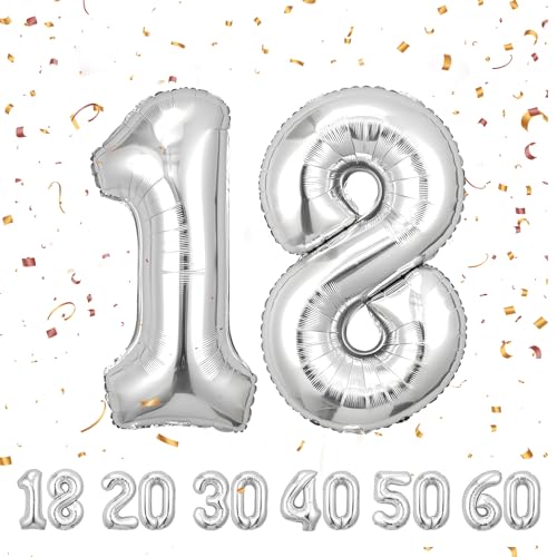ballonluftballon 18 jahre | Sliber 18 ballons-40"-101cm 18 Geburtstagsdeko -18 Folienballon Zahl Deko zum Geburtstag fliegt mit Helium 18 Geburtstag für Männer Frauen 18 Geburtstagsparty Jubiläum… von hpnparty