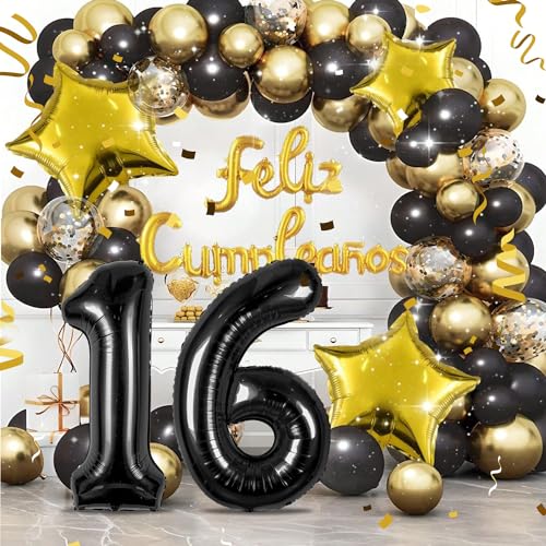 ballonluftballon 16 jahre | Schwarz 16 ballons-40"-101cm 16 Geburtstagsdeko -16 Folienballon Zahl Deko zum Geburtstag fliegt mit Helium 16 Geburtstag für Männer Frauen 16 Geburtstagsparty Jubiläum von hpnparty