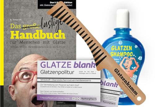 Das ULTIMATIVE Glatzen Geschenkset (4-teilig) | Glatzenbuch, Glatzen-Kamm, Glatzen-Politur & Glatzen-Shampoo | Geburtstags-Geschenk | Erste Hilfe Set Glatzenträger, witzige Geschenkidee | 4-teilig von humorpharm