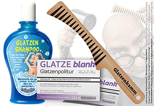 humorpharm Das große Glatzen Geschenkset (mit GLATZEblank, Glatzenkamm & Glatzenshampoo) | Geburtstags-Geschenk | Erste Hilfe Set Glatzenträger, witzige Geschenkidee | 3-teilig von humorpharm