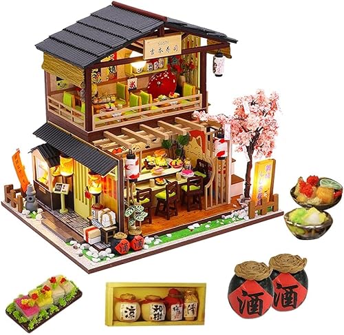 DIY 1:24 Handmontierter japanischer Stil Sushi Shop Miniatur Holz Kreatives Puppenhaus DIY Kit Montiert für Geburtstagsgeschenk mit LED-Leuchten (Sushi Shop) von hvmabeck