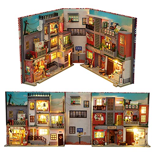 DIY Book Nook Kit, DIY Miniature Dollhouse Kit with LED Lights 3D Wooden Puzzle Bookend for Bookshelf Decor, Tiny Model House for Adults to Build (Time Old Lane) von hvmabeck