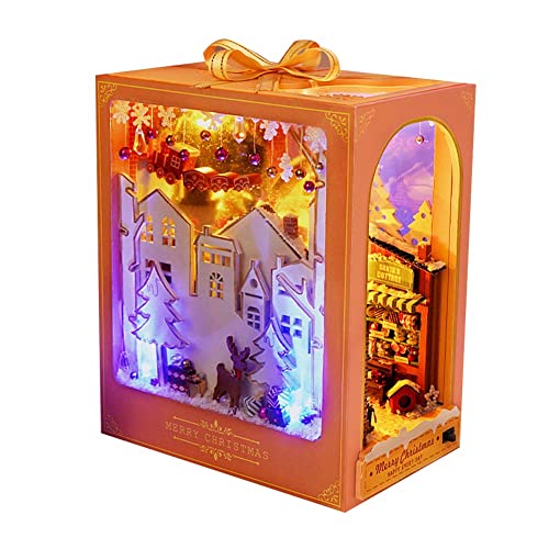 DIY Christmas Book Nook Kit mit LED-Licht und Möbeln, DIY Holz Puppenhaus Kit Puzzle Haus Modellbau Kits Home Bücherregal Dekor von hvmabeck
