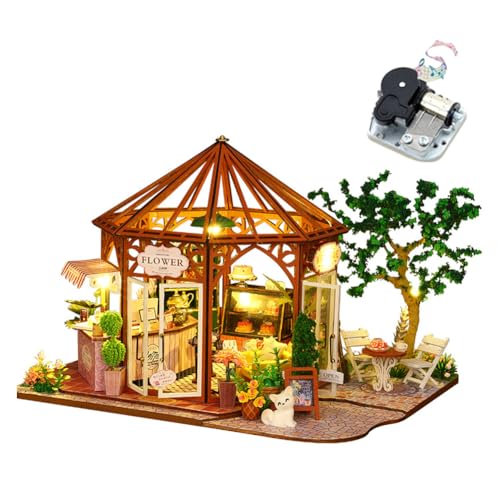 DIY Holz Puppenhaus Kit Kaffee Blume Handmontiert Puppenhaus mit LED-Licht Kreatives Gebäude Modell Spielzeug Puppenhaus für Jungen und Mädchen Geschenke Geschenk (Kaffee Blumenhaus mit Musik) von hvmabeck
