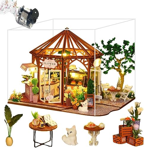 DIY Miniatur-Puppenhaus-Set mit Möbel-LED-Licht, Blumenladen, Holzpuppenhaus-Kits, Basteln für Erwachsene, DIY-Miniaturhaus-Bastelset, Maßstab 1:24 (Kaffee-Blumenhaus mit Staubschutz) von hvmabeck